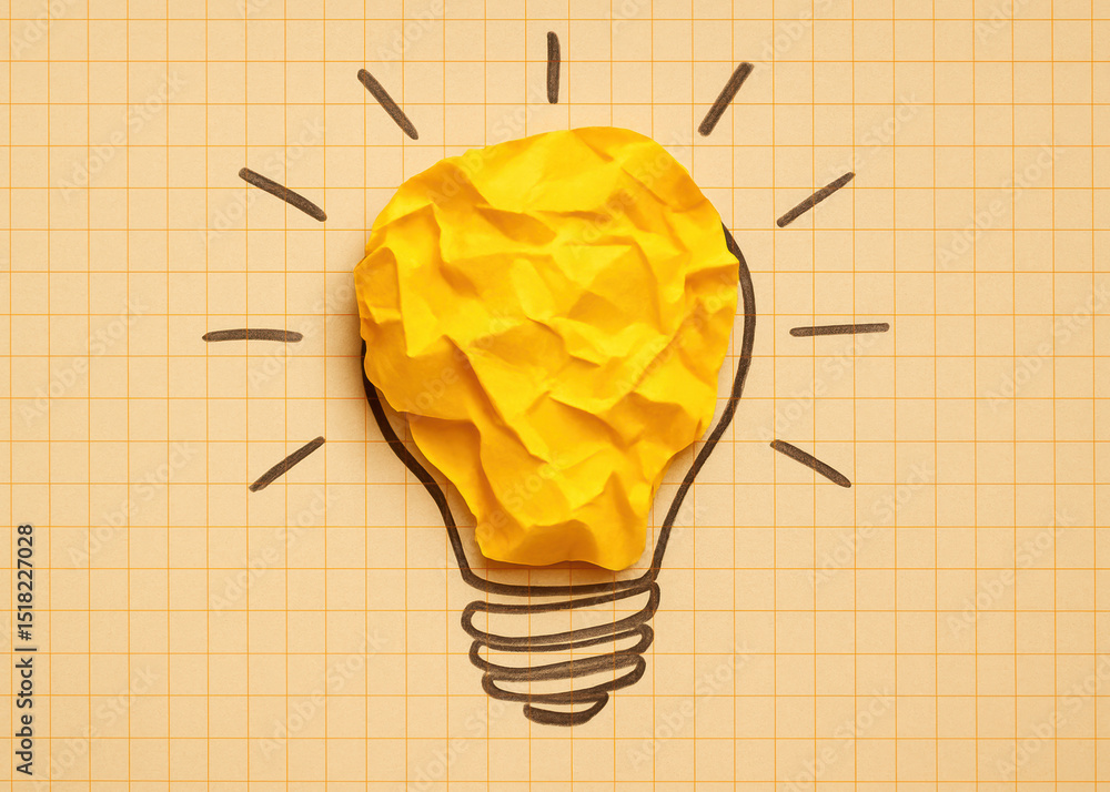 Poster a vibrant concept innovation and creativity is illustrated by a crumpled yellow paper light bulb on 