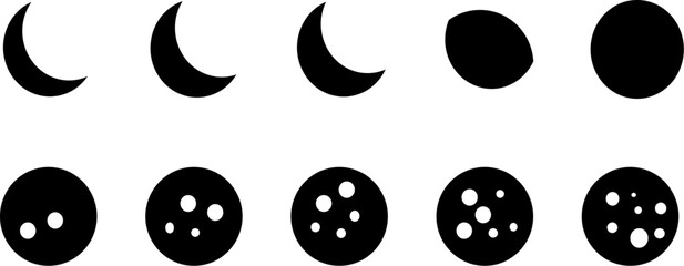 Minimalist black and white moon phase icon set for modern, celestial-themed design and spiritual aesthetics.
