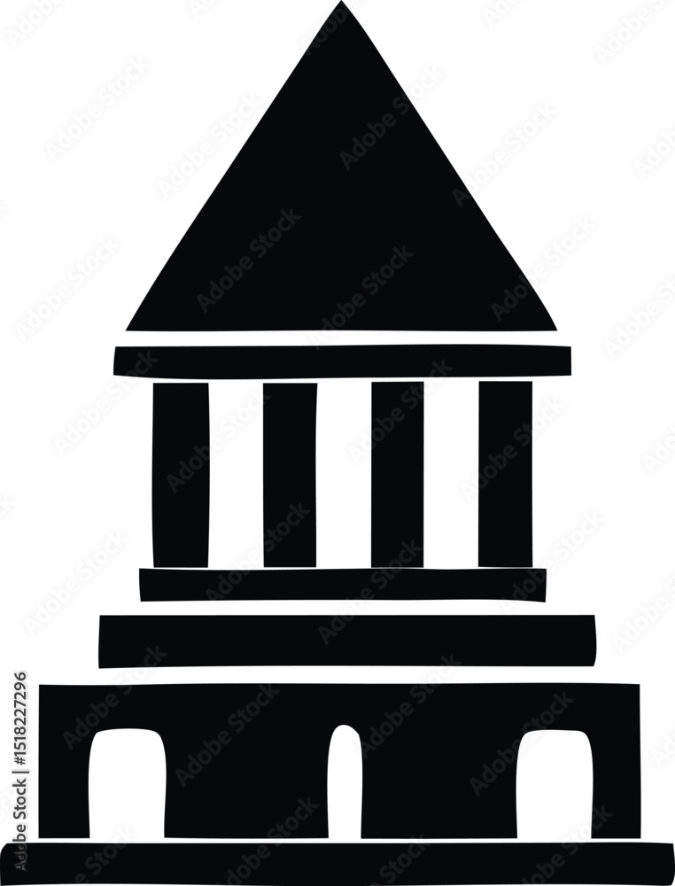 Poster simple black and white illustration of a classical building with columns and a triangular roof