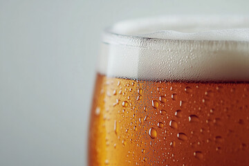close-up image of a chilled pint glass filled with amber-colored craft beer. The surface is covered with condensation droplets, and the golden liquid shows visible carbonation bubbles