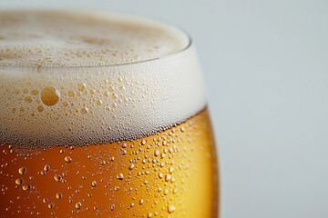close-up of a chilled pint glass filled with amber-colored craft beer, crowned with a frothy, creamy head