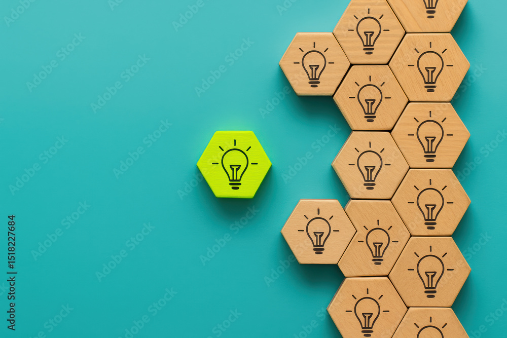 Poster innovation and creativity lead progress as a single bright idea stands apart from a structured group