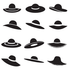set of vector various style sun hat, beach hat, summer straw hat silhouette	

