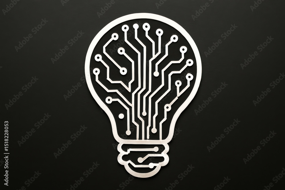 Poster a symbolic lightbulb shape composed intricate circuit traces on a matte black background represents 