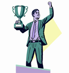 Successful Businessman Holding Trophy, Celebrating Achievement