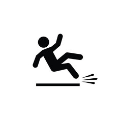 Minimalist icon of a person slipping on a surface, representing accident risk, safety hazard, or workplace injury. Ideal for signage, infographics, and safety awareness visuals.