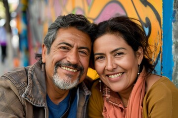 Portrait of a smiling latino couple in their 40s listening to music