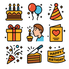 Birthday icon pack with cake, balloons, and gift icons; ideal for party invitations, greeting cards, social media posts, and websites.