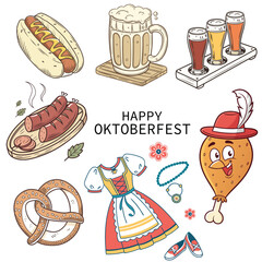 Cute Oktoberfest Clipart Set  German Dress, Sausage, Beer Mug, Pretzel & Festival Elements Vector
