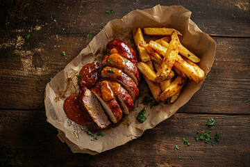 Top-down view of German currywurst sliced and topped with tangy curry ketchup, served with thick-cut golden fries in a rustic paper tray on a wooden table.