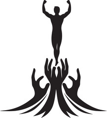 Obraz premium a black silhouette of a man standing on many hands upraised in support and assistance
