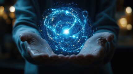 Holographic sphere held in a person's hand.