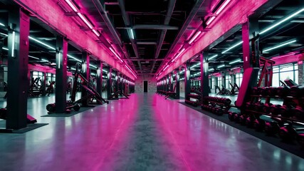 Ultra-modern neon-lit gym interior with symmetrical workout machines and glowing pink reflections, showcasing futuristic fitness space and high-energy atmosphere - Powered by Adobe