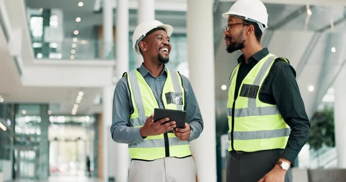 Engineer, tablet and discussion for property inspection with advice, planning or project management. Construction, teamwork or black men with digital app in convention center for building maintenance