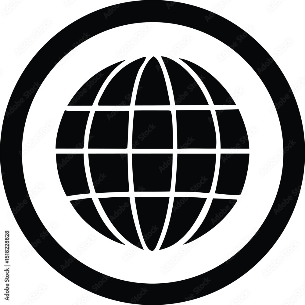 Poster black and white globe icon within a circular frame a simple global connectivity symbol