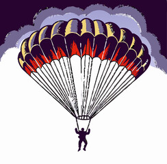 Vintage Style Parachutist Descending Under Open Parachute