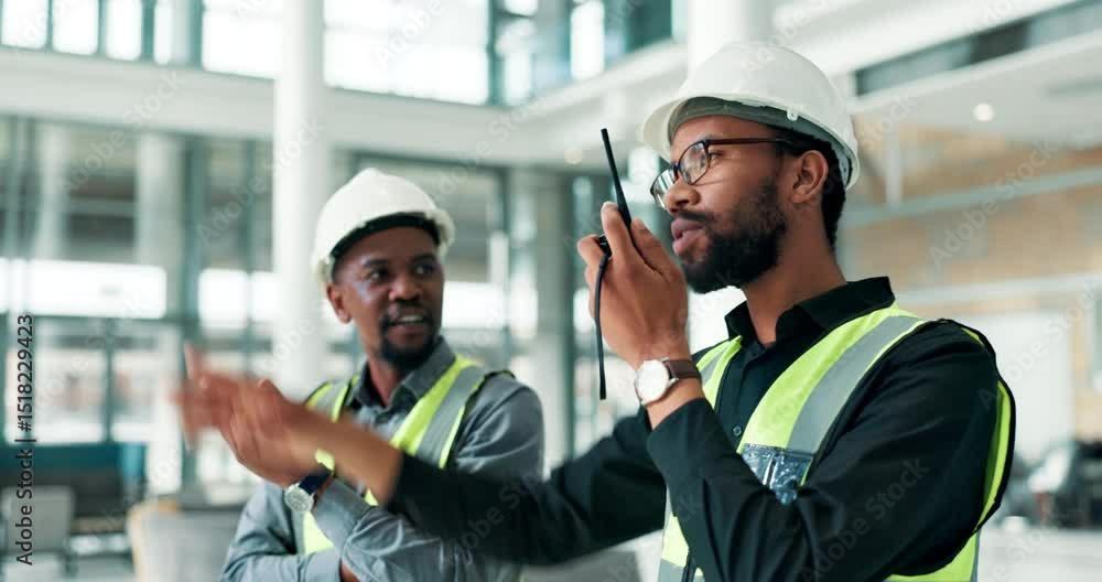 Aufkleber contractor, team and radio with people in building for structure engineer, construction and property