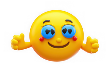 3d render of happy emoji with hearts in eyes giving thumbs up