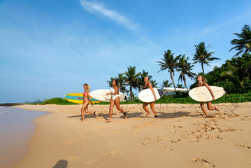 Four diverse female surfers walk with surfboards on tropical beach. Friends enjoy sunny day, palm trees. Women athletes ready for ocean waves. Active lifestyle, summer adventure.