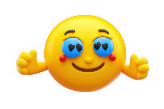 3d render of happy emoji with hearts in eyes giving thumbs up