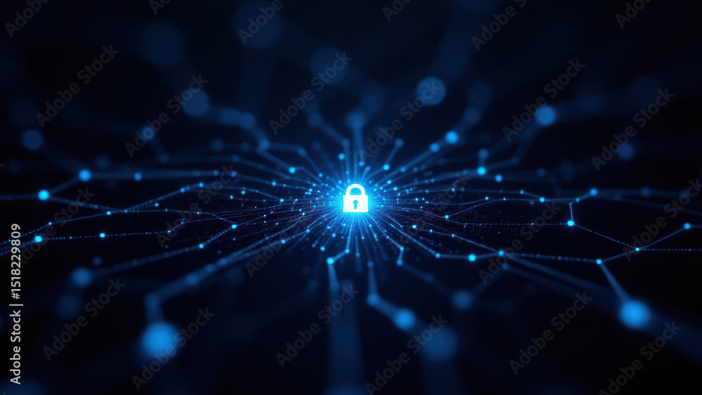 Poster cybersecurity graphic with a blue network background featuring a lock icon symbolizing internet secu