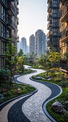 Obraz premium Modern urban residential complex with landscaped garden pathway surrounded by tall high-rise buildings and lush greenery in a vibrant city environment