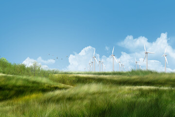 wind turbines in the field/A stunning landscape of lush green fields dotted with modern wind turbines, capturing the harmony between nature and eco-friendly energy solutions.
