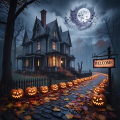 Spooky halloween house jack o lanterns bats moon