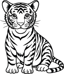 Adorable black and white illustration of a sitting tiger cub