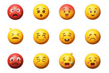 Twelve 3d emojis showing different emotions