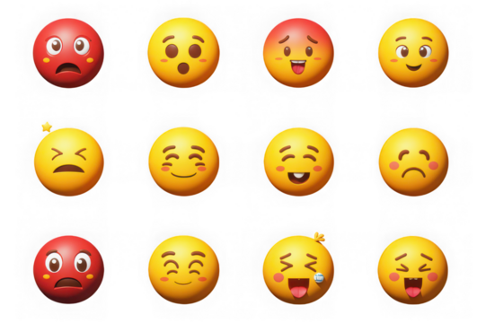 Twelve 3d emojis showing different emotions