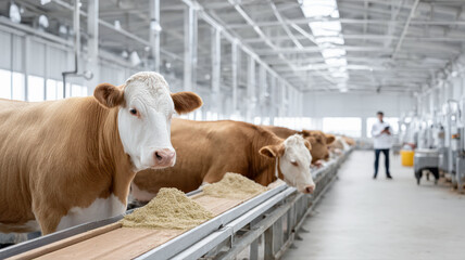 Cows eating feed in a clean, modern barn with a person inspecting in the background.