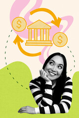 Image 3d zine vertical collage of happy businesswoman stand bank building dollar coin money income success loan earnings