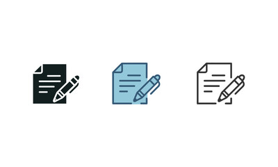 Set of Three Document and Pen Icons in Filled, Colored, and Outline Styles