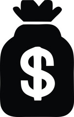 Simple black and white money bag icon featuring a dollar sign