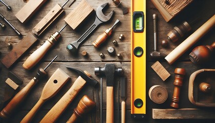 Flat lay of various carpentry tools including a spirit level, chisel, and hammer on rustic wooden background.