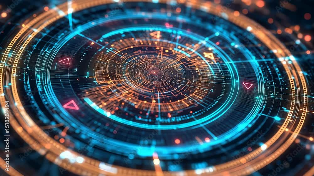 Poster futuristic technology interface with circular circuitry and data transmission