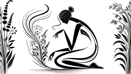 Black-and-white minimalist illustration of a woman leaning over a bouquet of dried herbs, with fine lines suggesting aroma and an elegant oil drop silhouette symbolizing wellness and serenity.
