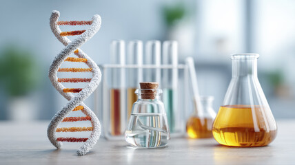 DNA model and various laboratory glassware with colorful liquids on a laboratory table, symbolizing scientific research and biotechnology.