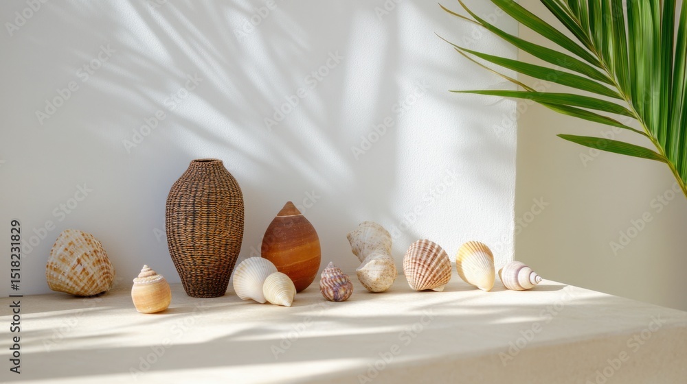Poster seaside charm with assorted shells neatly arranged on a sunlit white surface