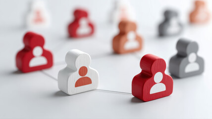 Wooden figures representing people are interconnected by strings, symbolizing networking and teamwork on a white background.