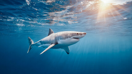 A great white shark swims beneath the ocean's surface, illuminated by sunlight streaming through the water.