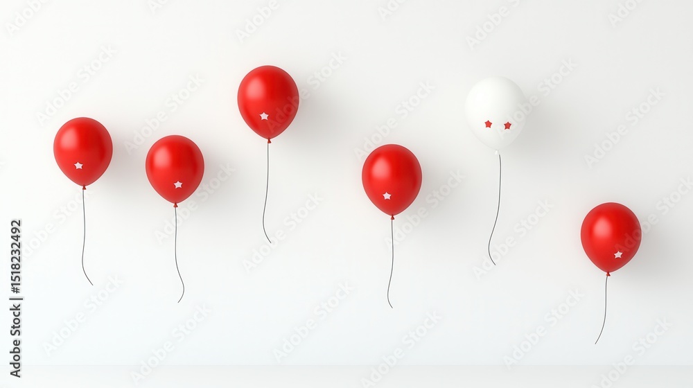 Poster elegant and vibrant red and white balloons effortlessly floating against a clean minimalist backgrou