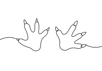 Fototapeta premium Dino footprint drawing. It is a black and white outline image of two dinosaur footprints or tracks, showing their distinctive three-toed shape. Vector sketch line art draw.