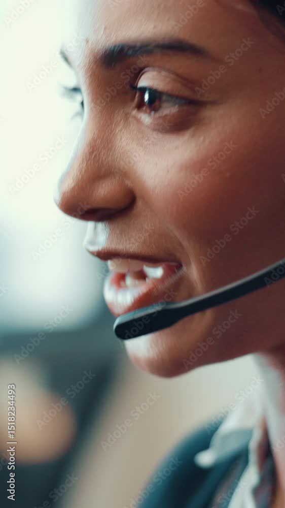 Aufkleber Woman, headset and customer service agent in office with online consultation for CRM, help desk or advice. Mic, call center and mouth of technical support consultant with query for troubleshooting