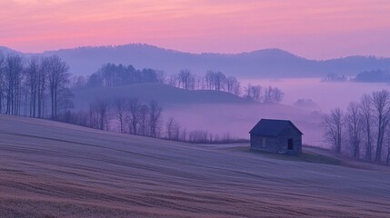 Serene early morning landscape with rolling fields and solitary wooden barn surrounded by misty hills and distant trees du sunrise in peaceful rural setting
