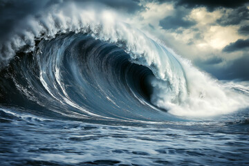 A giant tsunami wave rolling across the open ocean under dramatic cloudy skies, powerful water motion, wide view with detailed wave textures, no land in sight.