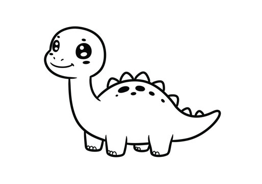 Chibi dinosaur drawing. It is a black and white outline image of a cute, friendly chibi dinosaur, resembling a baby Brachiosaurus or sauropod. Vector sketch line art draw.
