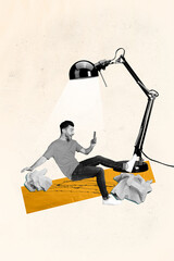 Vertical image sketch 3d collage poster of happy businesswoman businessman stand light bulb ray...