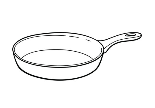 Pan drawing. It is a black and white outline image of a simple pan with a handle, suitable for various cooking illustrations. Vector sketch line art draw.